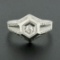 Vintage 18k Gold Diamond Solitaire Matte & Polished Hand Engraved Hexagon Ring