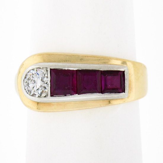 Maurice Tishman Retro 14K Gold & Platinum Diamond & Ruby Buckle Style Band Ring