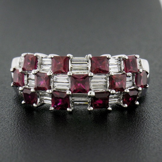 18K White Gold 2.65 ctw Square Ruby & Baguette Diamond Checkerboard Cocktail Rin