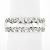 14k White Gold 1.20 ctw Dual Row Round Diamond w/ Polished Center Wide Band Ring