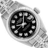 Rolex Ladies Stainless Steel Black Diamond Dial Fluted Bezel Date Watch