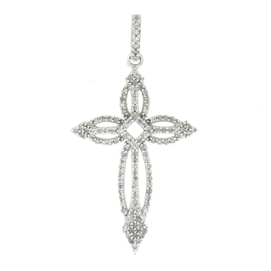 Solid 10k White Gold 0.35 ctw Round Prong Set Diamond Open Work Cross Pendant
