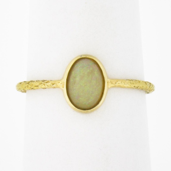 Vintage Handmade 18k Gold Oval Cabochon Cut Opal Solitaire Petite Cocktail Ring