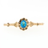 Antique Victorian 14k Gold Blue Stone & Seed Pearl Halo Tapered Bar Brooch Pin