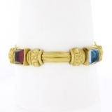 18K Gold & Bezel Set Multi Color Cabochon Gemstone Scroll Grooved Link Bracelet