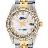 Rolex Mens 2T Yellow Gold And Steel White Roman Diamond Bezel Datejust Wristwatc