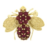 14K Yellow Gold 1.40 ctw Round Ruby Detailed Textured Fly Bee Insect Pin Brooch
