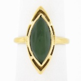14K Yellow Gold Bezel Marquise Cabochon Jade Open Frame Simple Solitaire Ring
