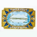Antique Edwardian 18K Gold Large Oval Triangular Blue Stone & Diamond Brooch Pin