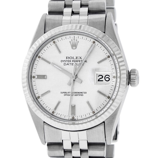 Rolex Mens Stainless Steel 36MM Silver Index 14K White Gold Bezel 36MM Datejust