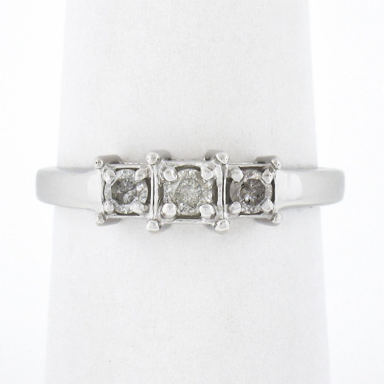14k White Gold 0.22 ctw Round Prong Diamond Squared Setting 3 Stone Promise Ring