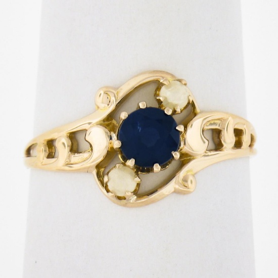 Antique 10k Gold Ostby & Barton Co. Round Sapphire w/ Pearls Original Ring