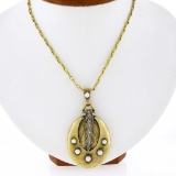 Antique Victorian 14k Gold Diamond & Pearl Locket Pendant & 17
