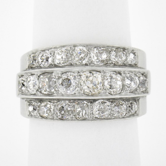 Antique Edwardian Platinum 2.75 ctw Chunky Old Mine Diamond 3 Row Wide Band Ring