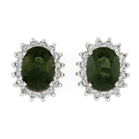14K White Gold 3.98 ctw Oval Green Sapphire & Round Diamond Halo Stud Earrings
