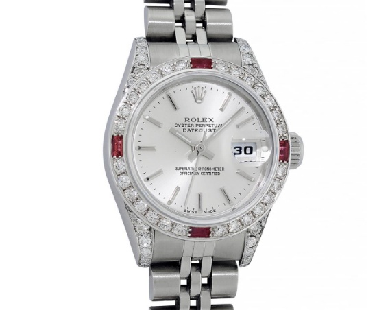 Rolex Ladies Quickset Stainless Steel Silver Index 18K White Gold Diamond & Ruby