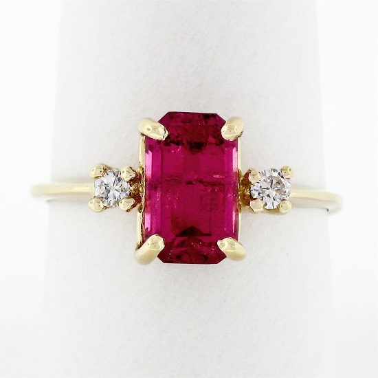 Vintage 14k Gold 2.20 ctw Emerald Pink Tourmaline Ring w/ Round Diamond Accents