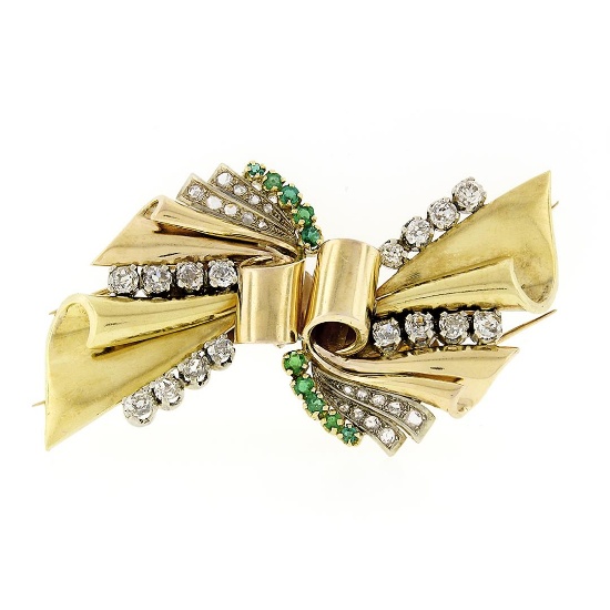 Antique 18k Gold 3.24 ctw Old Cut Diamond & Emerald Ribbon Dual Dress Clip Brooc