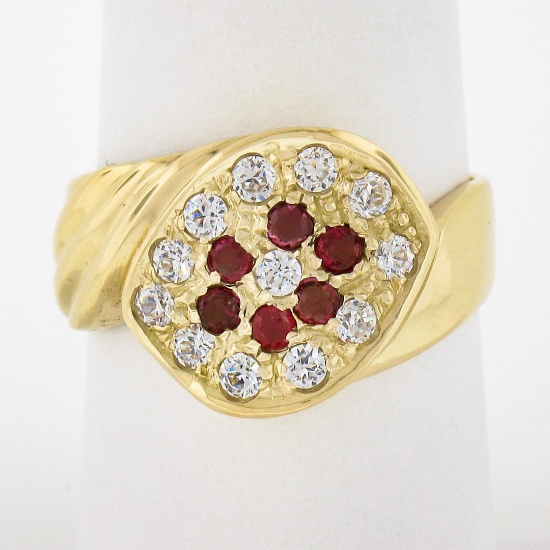 Vintage 18K Gold Round Pave Set Cubic Zirconia & Ruby Grooved Cluster Band Ring