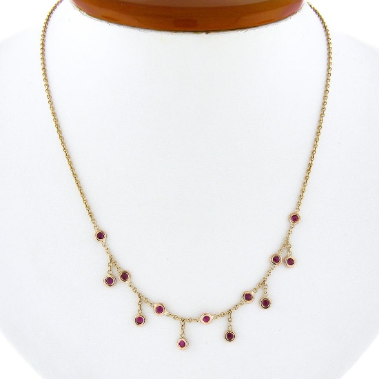 14k Rose Gold 0.80 ctw Round Bezel Ruby w/ Dangle Adjustable Cable Chain Necklac