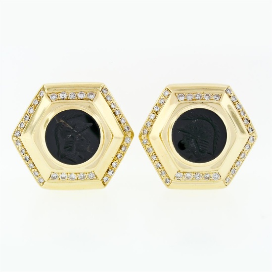 Vintage Large 18k Gold Black Onyx Intaglio.75 ctw Round Diamond Hexagon Earrings