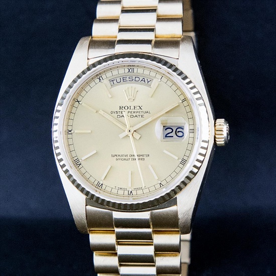Rolex Mens 18K Yellow Gold Double Quickset Champagne Index President Wristwatch