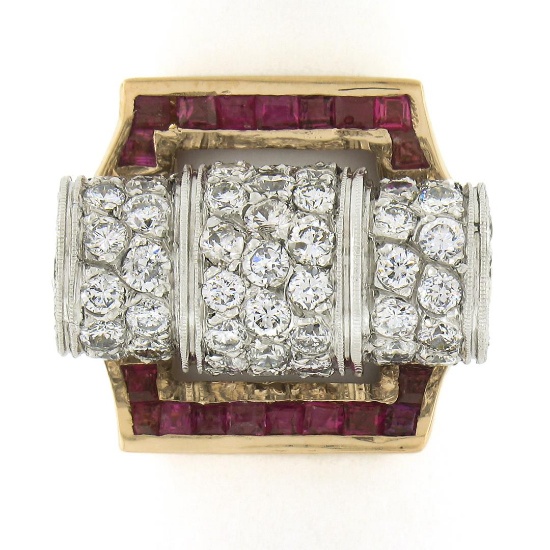 Unique Vintage Retro 14k Gold & Platinum 2.75 ctw Diamond & Ruby Insert Ring Set