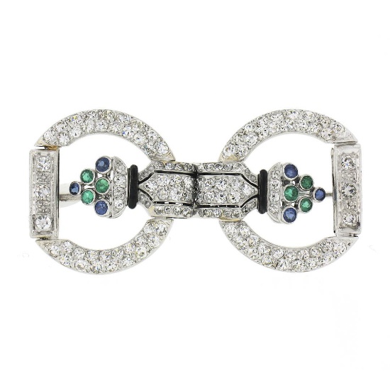 Antique Art Deco Platinum 2.25 ctw Diamond Emerald Sapphire Floral Pin Brooch
