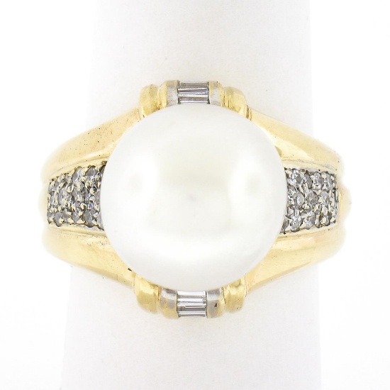 14K Yellow Gold Large 12.58mm South Sea Pearl Ring w/ Baguette & Round Diamonds