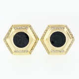 Vintage Large 18k Gold Black Onyx Intaglio.75 ctw Round Diamond Hexagon Earrings