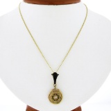 Antique Victorian 14K Gold Diamond Black Enamel Twisted Wire Pendant & 18