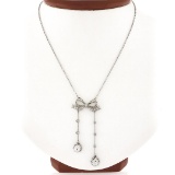 Belle Epoque French 18K White Gold European Diamond Bow Dangle Pendant Necklace