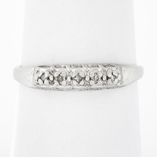 Vintage 18k White Gold 0.05 ctw Round Pave Diamond Stackable Wedding Band Ring