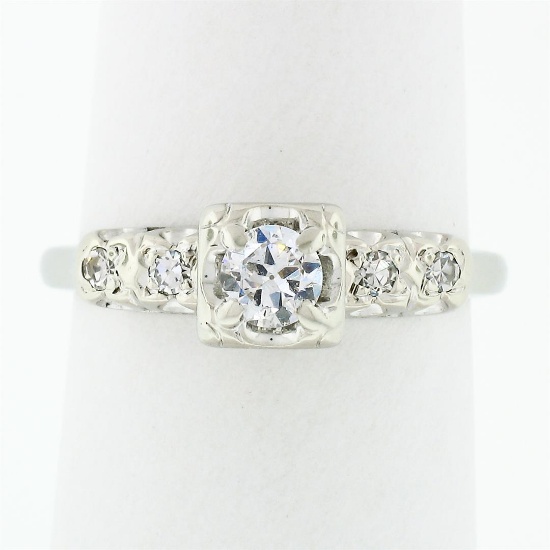 Vintage 14k White Gold 0.37 ctw Round Diamond Solitaire & Accents Engagement Rin