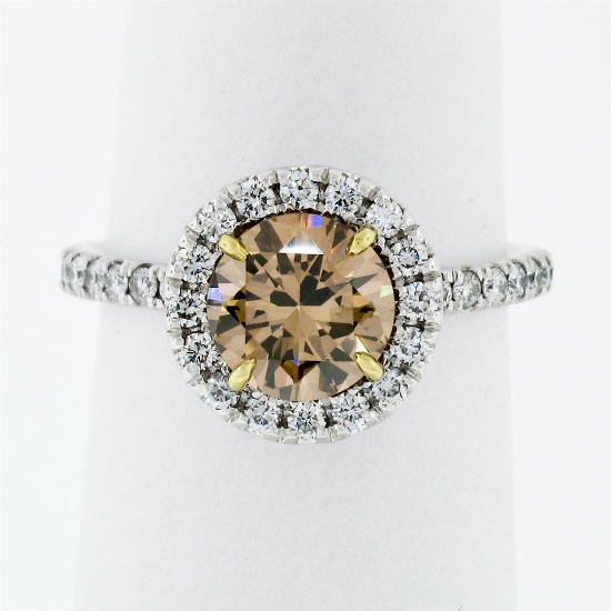 18k Gold 1.56 ctw GIA Fancy Orange Brown Diamond Solitaire Halo Engagement Ring