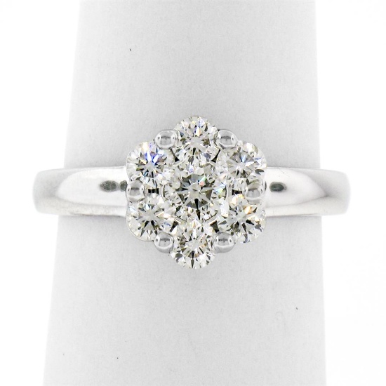18K White Gold 0.84 ctw Ideal Round Brilliant Cut Diamond Flower Cluster Ring