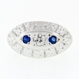Vintage 14k White Gold 0.25 ctw Round Diamond & Sapphire Floral Oval Platter Rin