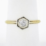 Antique 14k TT Gold 0.20 ctw European Diamond Hexagon Open Basket Engagement Rin