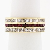 Vintage 18k Gold Channel Round Ruby Princess Cut Diamond Wide Eternity Band Ring