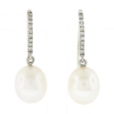 New 14k White Gold 0.10 ctw Pave Diamond Hook Earrings w/ White Pearl Drop Dangl