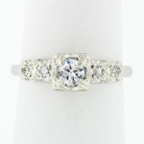 Vintage 14k White Gold 0.37 ctw Round Diamond Solitaire & Accents Engagement Rin