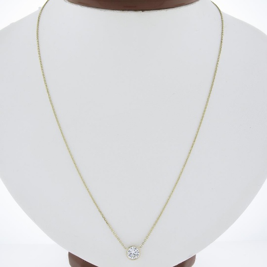 New 14K Gold.67 ctw Round Brilliant Diamond Solitaire Pendant w/ Adjustable Chai