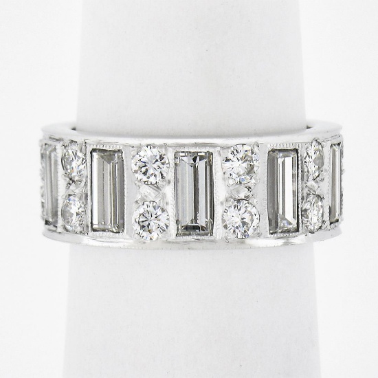 Platinum 4 ctw Straight Baguette & Round High Quality Diamond Eternity Band Ring