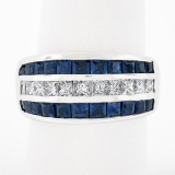 18k White Gold 3.20 ctw Square Princess Diamond & Sapphire Channel Wide Band Rin