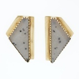Vintage 18k Yellow Gold White Rectangular Rough Finish Agate Geometric Earrings