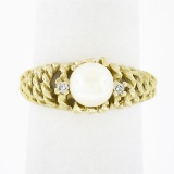 14K Gold Cultured Pearl Solitaire w/ Diamond Open Twisted Wire Work Domed Ring