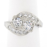 Vintage Platinum 1.66 ctw Old European Cut Dual Diamond Bypass Ring w/ Accents