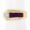 Maurice Tishman Retro 14K Gold & Platinum Diamond & Ruby Buckle Style Band Ring