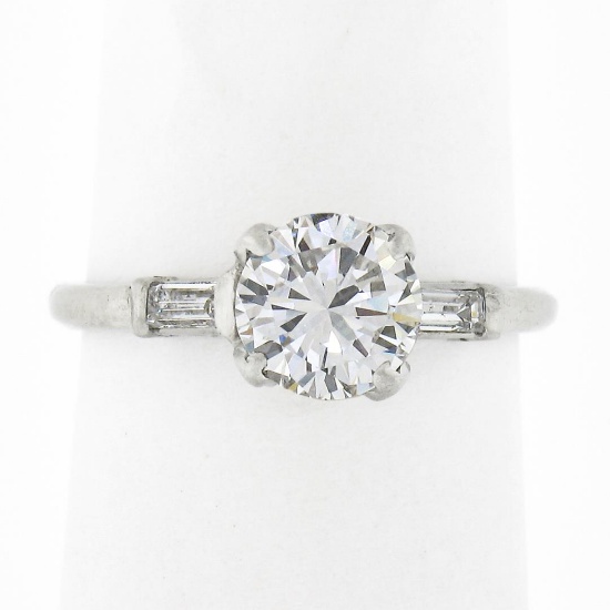 Vintage Platinum 1.14 ctw GIA Round Diamond w/ Baguette Accent Engagement Ring