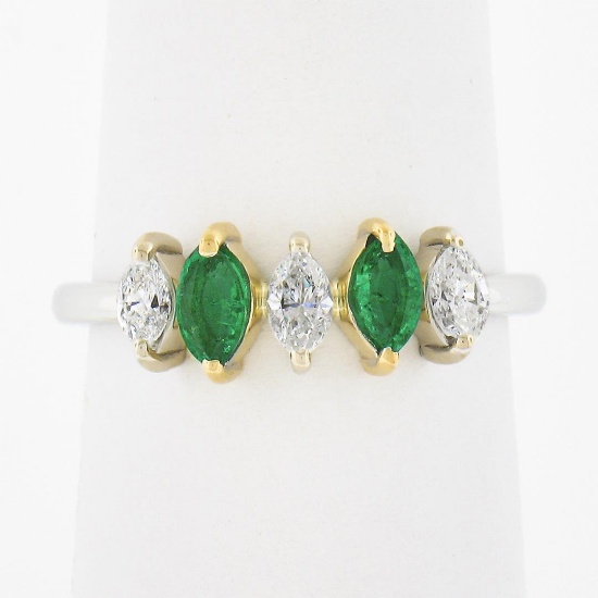 NEW 18K TT Gold 0.66 ctw Marquise Prong Diamond & Emerald Five 5 Stone Band Ring
